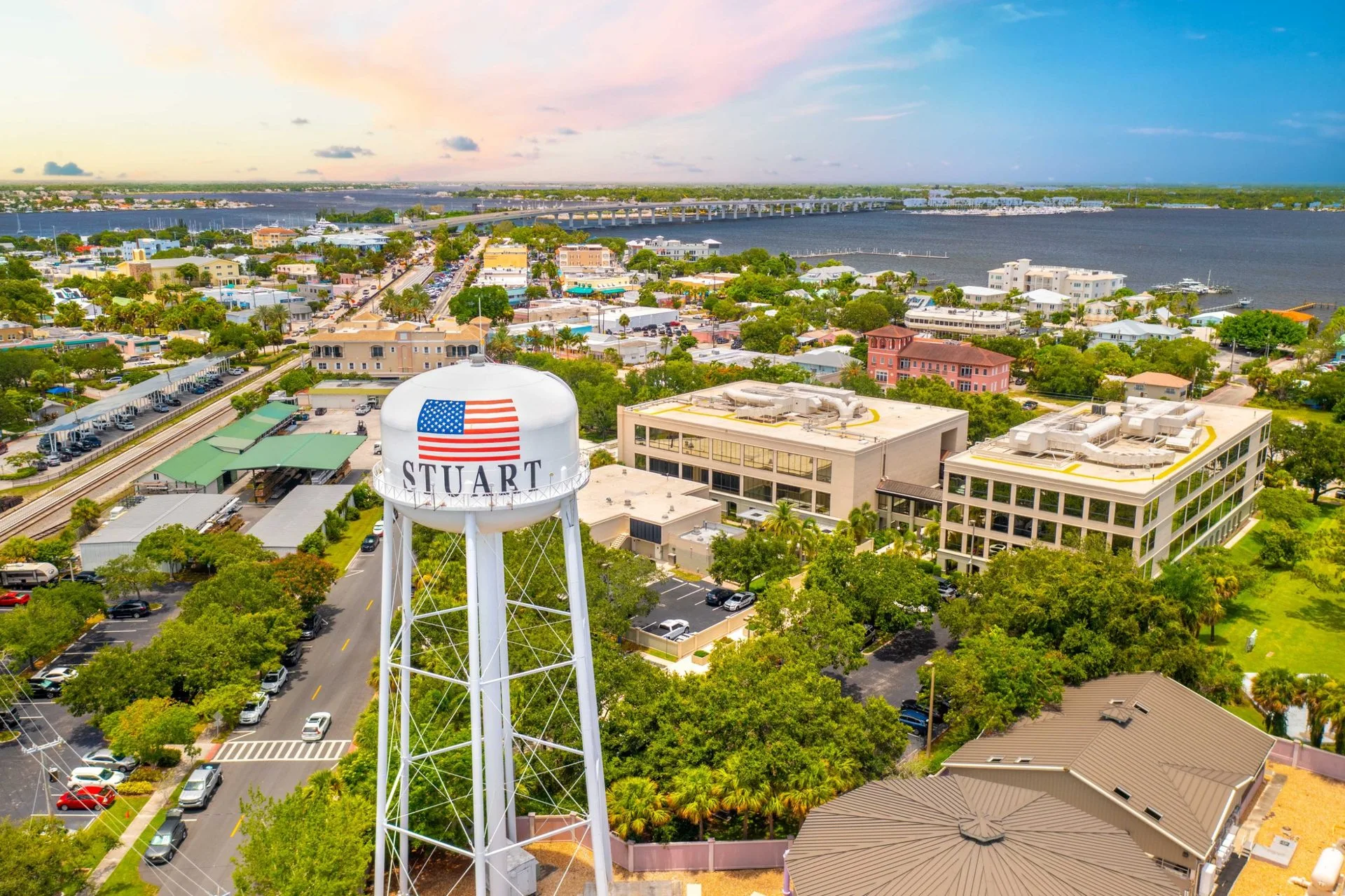 Downtown Stuart, Florida, with the water tower and St. Lucie River